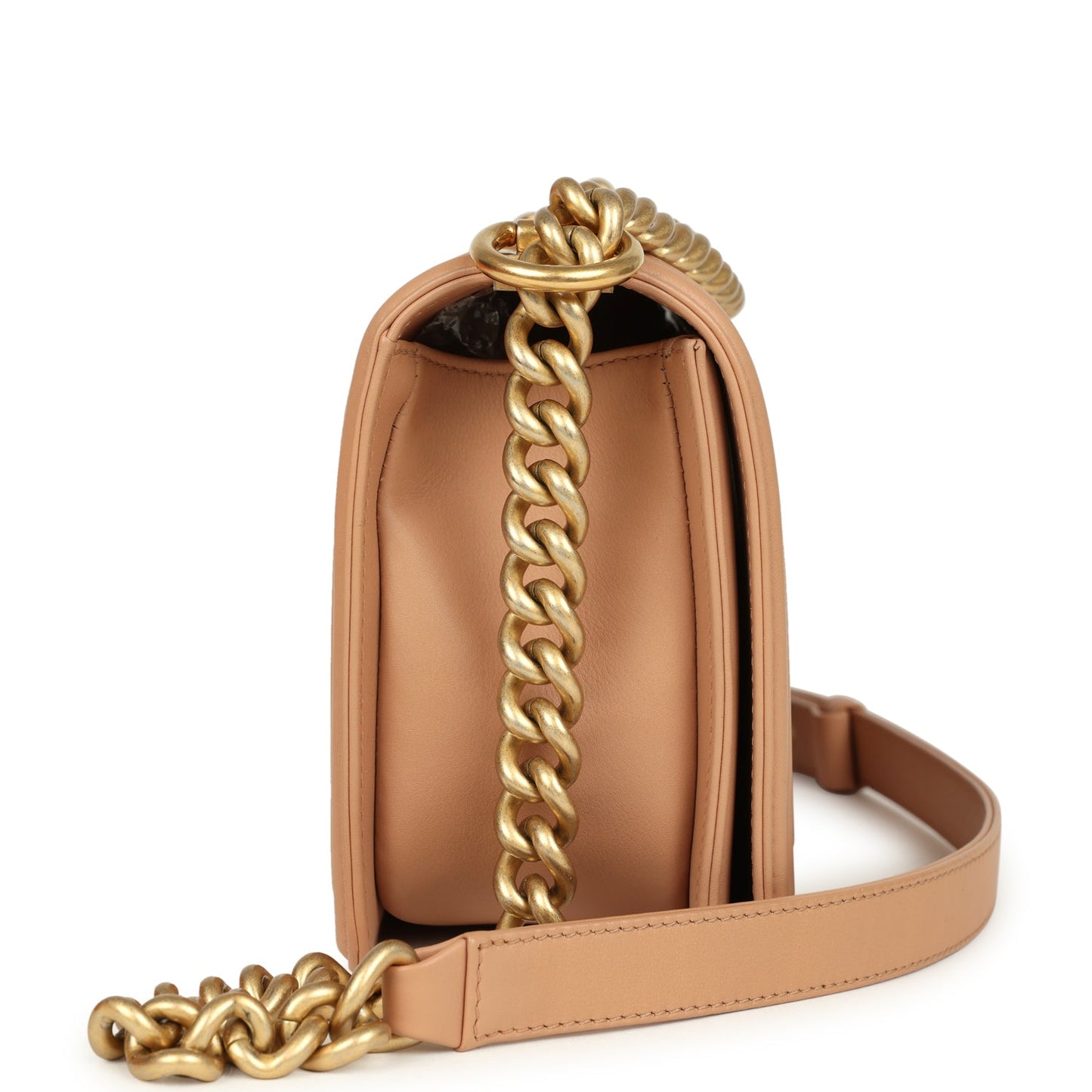 Preowned Chanel Medium Boy Bag Dark Beige Lambskin Antique Gold Hardware