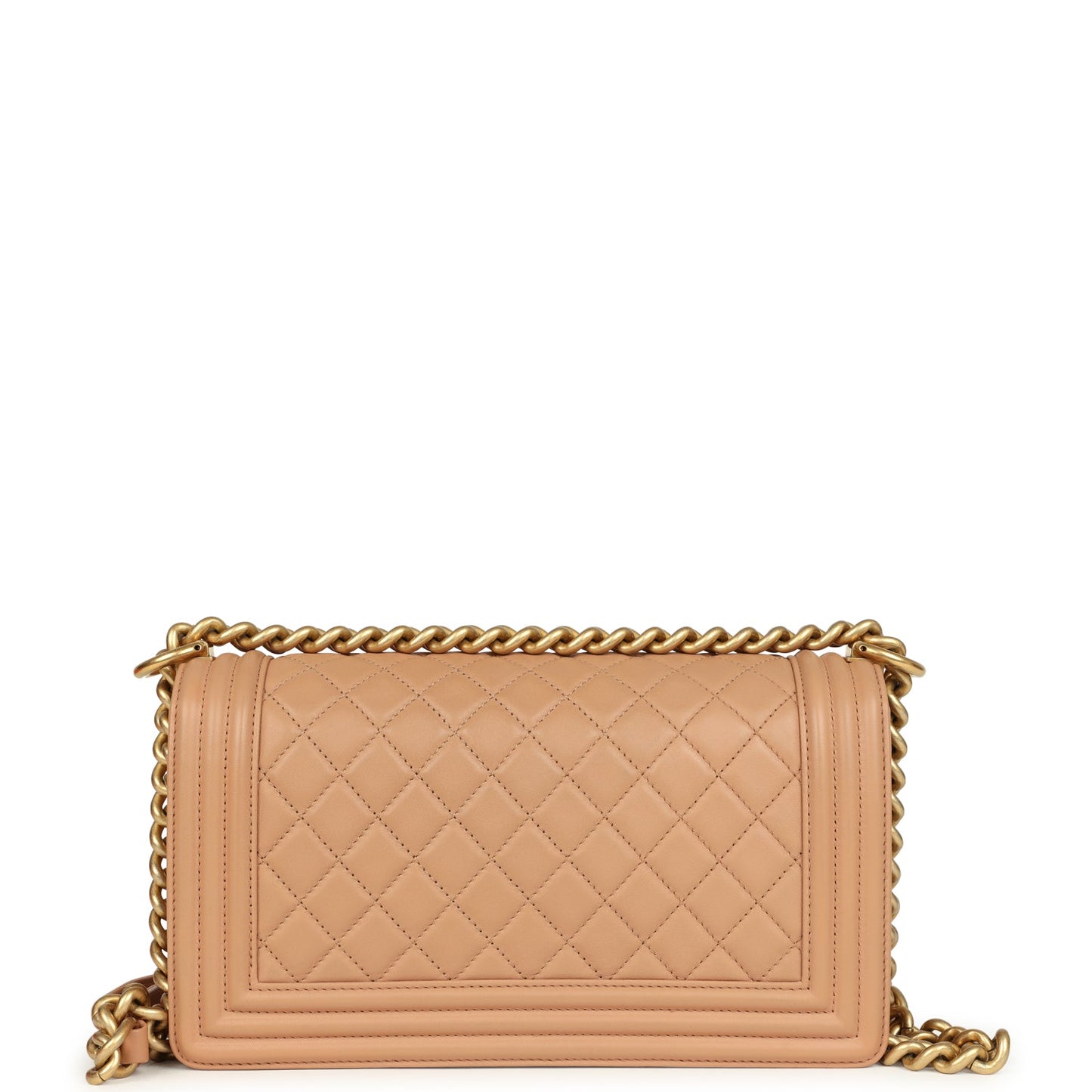 Preowned Chanel Medium Boy Bag Dark Beige Lambskin Antique Gold Hardware