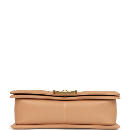 Preowned Chanel Medium Boy Bag Dark Beige Lambskin Antique Gold Hardware