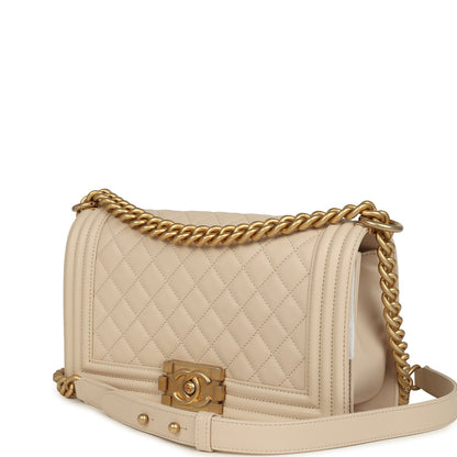 Chanel Medium Boy Bag Cream Lambskin Antique Gold Hardware