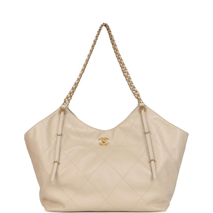 Chanel Maxi Coco Shopping Bag Beige Calfskin Antique Gold Hardware