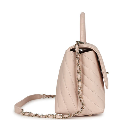 Chanel Medium Coco Top Handle Flap Bag Light Beige Chevron Caviar Light Gold Hardware