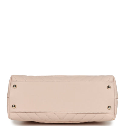 Chanel Medium Coco Top Handle Flap Bag Light Beige Chevron Caviar Light Gold Hardware