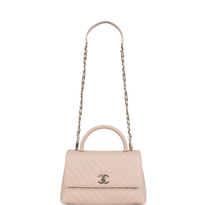 Chanel Medium Coco Top Handle Flap Bag Light Beige Chevron Caviar Light Gold Hardware