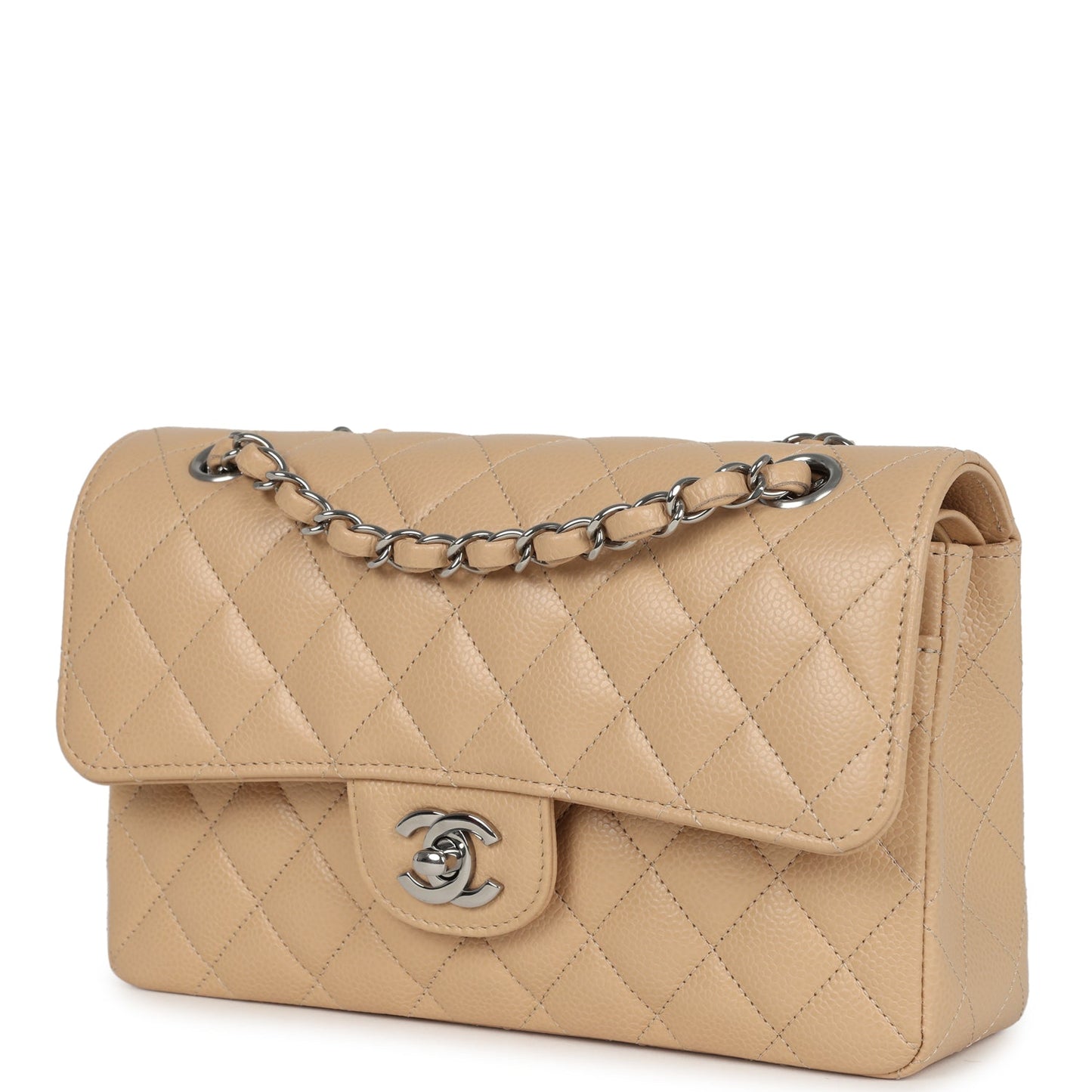 Chanel Small Classic Double Flap Bag Beige Caviar Silver Hardware