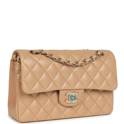 Chanel Small Classic Double Flap Dark Beige Lambskin Gold Hardware