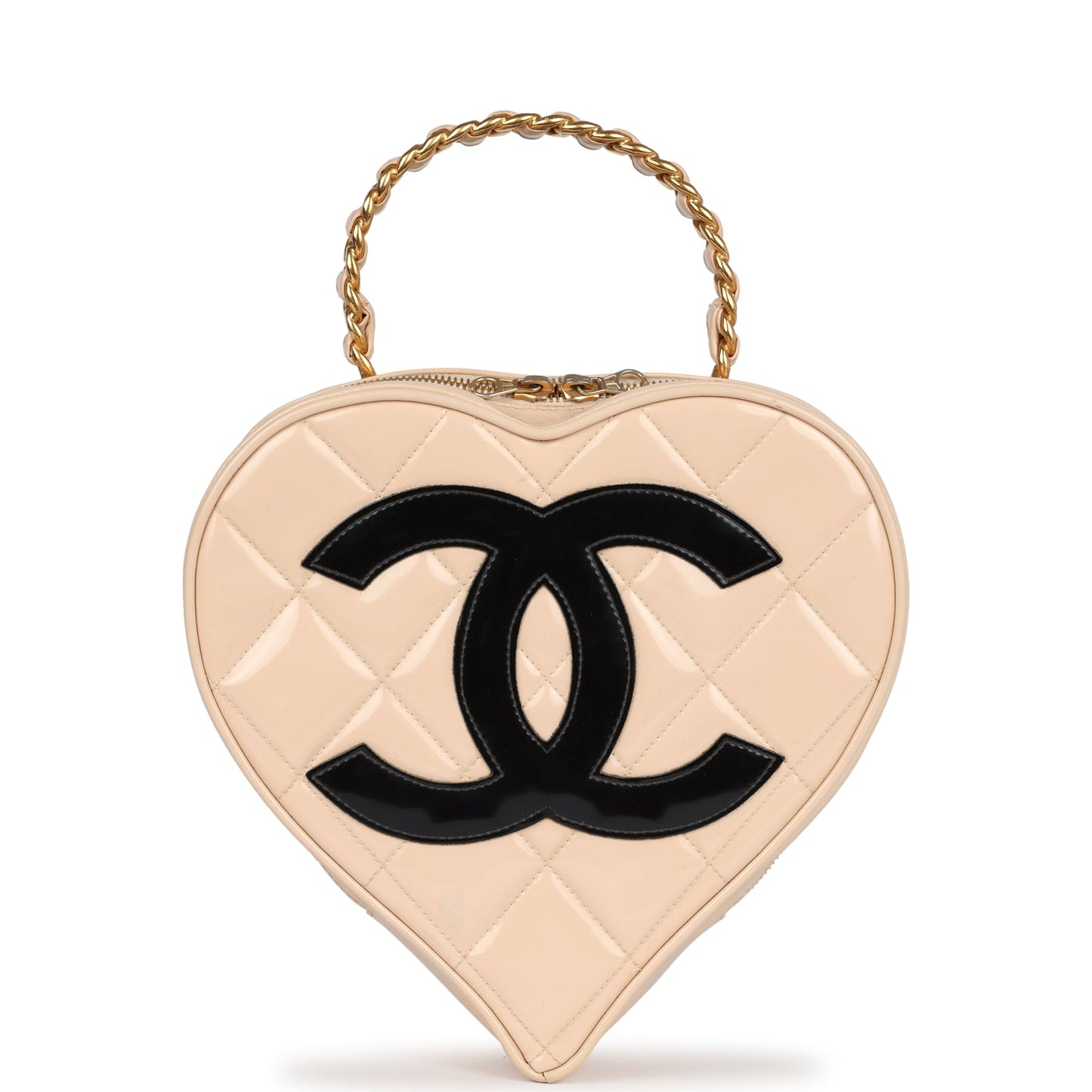 Vintage Chanel Heart Vanity Bag Beige and Black Patent Antique Gold Hardware