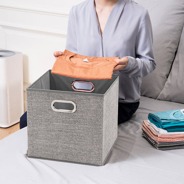 Collapsible Fabric Storage Bin – Cube Organizer with Metal Grommet Handles – Grey – Single