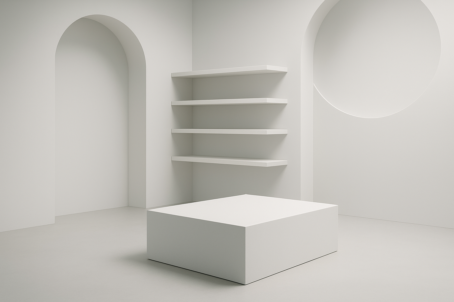 A clean and professional promotional slide image for a modern store, minimalist style, soft white gradient background, abstract shapes for decoration, elegant space for product showcase, smooth lighting, high-resolution, no text, no typography, no fashion items.
