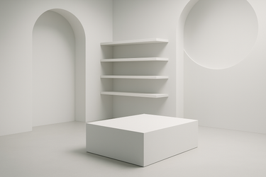 A clean and professional promotional slide image for a modern store, minimalist style, soft white gradient background, abstract shapes for decoration, elegant space for product showcase, smooth lighting, high-resolution, no text, no typography, no fashion items.

