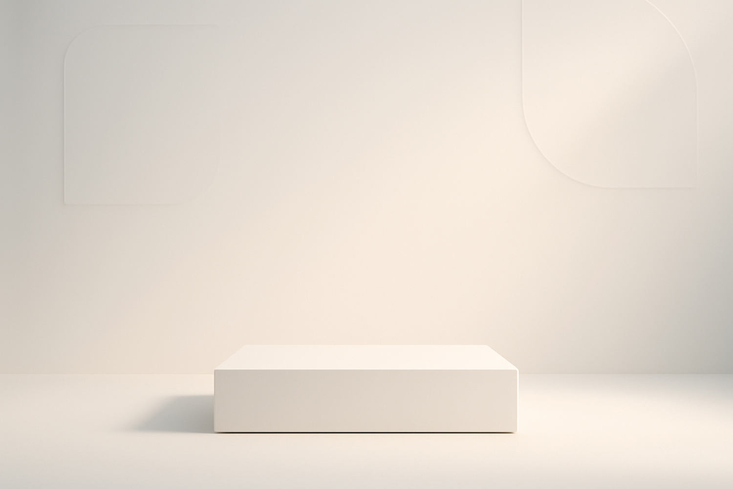 A clean and professional promotional slide image for a modern store, minimalist style, soft white gradient background, abstract shapes for decoration, elegant space for product showcase, smooth lighting, high-resolution, no text, no typography, no fashion items.
